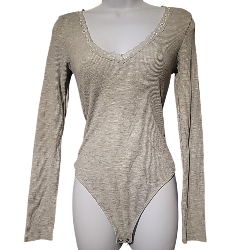 American Eagle‎ Womens Grey Waffle Knit Lace Trim Long Sleeve Bodysuit Small